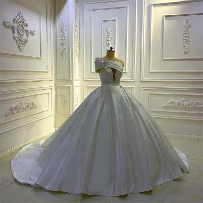 China Modest Women's Satin Wedding Dress Bride's Thin Shoulder Tow Bridal Wedding Dress Custom Made Simple Viable Size for sale