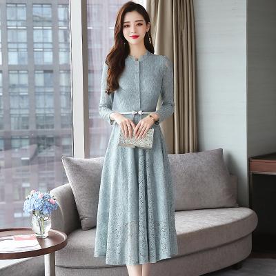 China New Spring Sustainable Ladies Lace Up Dress Fit Slim Waist Long Sleeve Hollow Solid Color Dress for sale