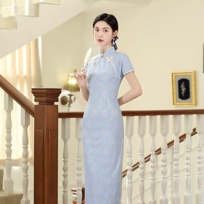 China Long Size Workable Fitted Elegant Cheongsam Dress Slim Elegant Slit Design Printing Women's Lace Dresses for sale