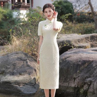 China Solid Color Embroidered Elegant Women's Lace Dresses White Cotton Lace Cheongsam Dress Viable For Ladies for sale