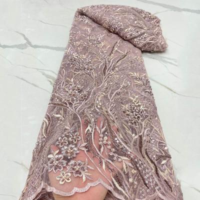 China Hot Selling High-end Handmade Lace Viable Mesh Sequin Fabric Wedding Dress Bead Tube Embroidery Fabric for sale