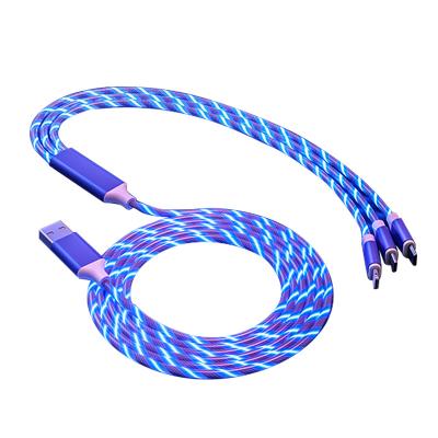 China Hotsell Mobile Phone 3 in 1 1.2M 2.4A LED Light Up Visible Flashing Type Overflowing USB C Phone Data Cable Charger for Samsung Android IOS for sale