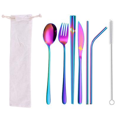 China Viable Portable Travel Metal 304 Stainless Steel Cutlery Spoon Knife Fork Cutlery Set With Pocket Package for sale