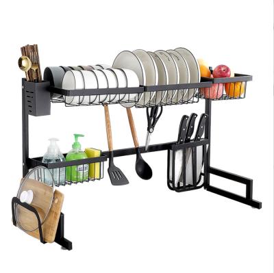 China Amazon Hot Sale Modern Kitchen Storage Rack Over The Sink Dish And Bowl Shelf Extendable Dish Drainer Rack Blackened Stainless Steel Metal for sale