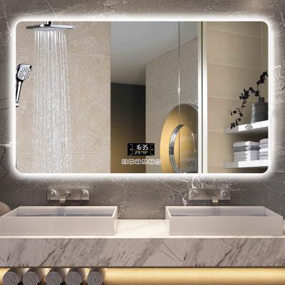 China Luxury LED fog light hotel lit vanity mirror light bathroom with backlit weather display wall for sale