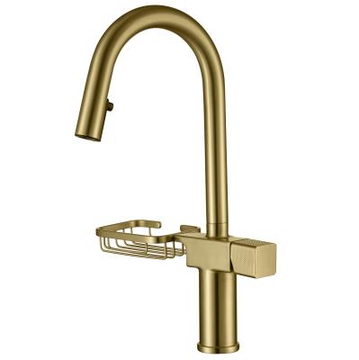 China Modern Brushed Gold Kitchen Faucet Taps With Pull Down Sprayer Side Sope Basket for sale