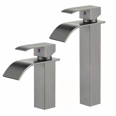 China Waterfall 304 SUS Gun Black Gray Bathroom Sink Basin Faucet Stainless Steel Metered Basin Mixer Tap for sale