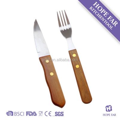 China Good Quality 1100030 Durable Wooden Handle Household Stainless Steel Steak Knife And Fork Set for sale