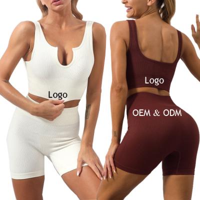 China Breathable 2 Piece Sports Bra And Shorts Set Sexy U Ribbed Neck Sexy U Neck Gym Workout Women Workout Sportswear Women Seamless Yoga Sets for sale