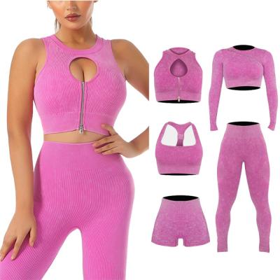 China 5 Piece Breathable Active Wear Sportswear Exercise Seamless Long Sleeve Ribbed Gym Gym Workout Zipper Hollow Yoga Sets For Women for sale