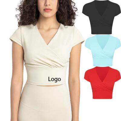 China New Arrival Workout Yoga Wear Nylon V Neck Breathable Shorts Sheath Solid Color Women Shirt Yoga Crop Tank Tops for sale