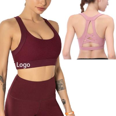 China Breathable Women Workout Running Cross Back High Print Halter Sports Bra Mesh Push Up Bra Crop Nylon Spandex Backless Tops for sale