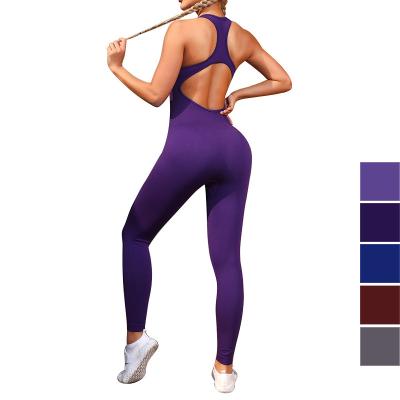 China Breathable One Piece Backless Cavity Overalls Playsuit Elasticity Racerback Sports Yoga Jumpsuit Workout Overalls High Rompers For Women for sale