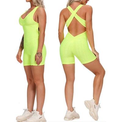 China Backless Bubble Jacquard Workout Jumpsuit Women Gym Breathable One Piece Casual Running Fitness Jumpsuit Overalls With Chest Pad for sale