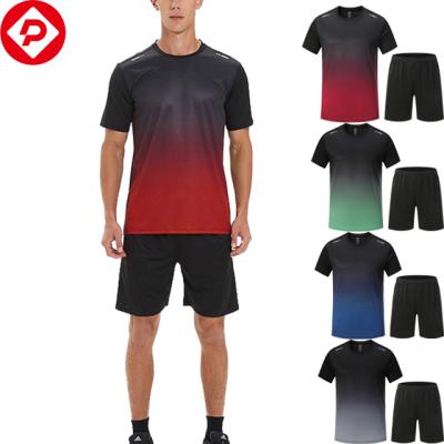 China Custom Made Sportswear Anti-UV Plus Size Men's Gym Wear Clothes Running 2 Piece Shirt Shorts Gradient Color Gym Fitness Set Men for sale