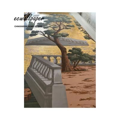 China China Traditional View Hand Painted Wallpaper on Metallic Antiqued Gold for sale