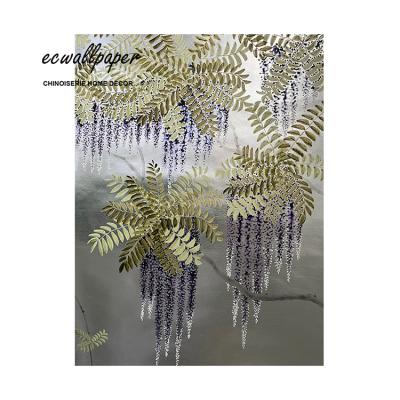 China Price traditional wisteria promotion hand painted wallpaper on silver metallic for sale