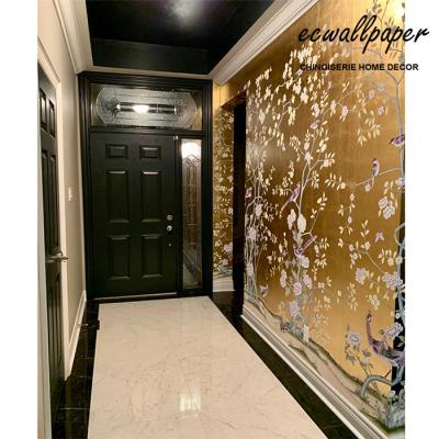 China Traditional Chinoiserie High Quality Roll Hand Painted Wallpaper on Metallic Gold for sale