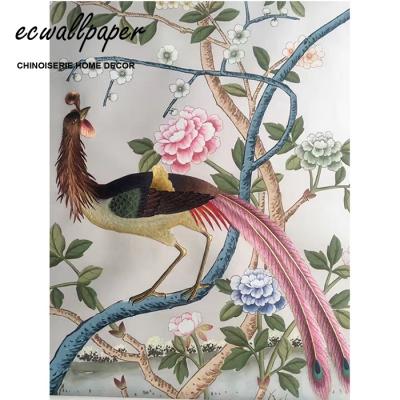 China Traditional Chinoiserie Hand Painted Silk Wallpaper With Partial Embroidery for sale