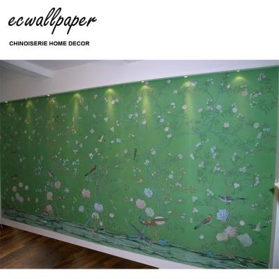 China Traditional Chinoiserie Good Quality Wall Painting Hand Painted Wallpaper on Green Silk for sale