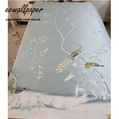 China Traditional Good Quality Chinoiserie Wallpaper Hand Painted Wallpaper On Blue Silk for sale