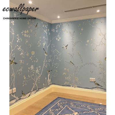 China Traditional Chinoiserie Wallpaper Hand Painted Wallpaper on Blue Silk for sale