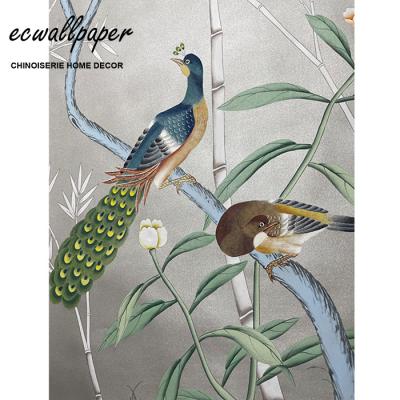 China Traditional Chinoiserie Wallpaper Peacock Hand Painted Wallpaper on Silk for sale