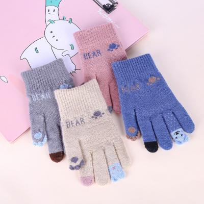 China Hot Selling Jacquard Children's Five-finger Gloves Kids Cute Student Cartoon Bear Paw Touch Screen Gloves for sale