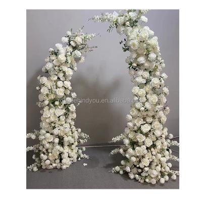 China Wedding Party Decoration Horn Arch Stand White Rose Artificial Flowers Wedding Arch For Stage Decoration for sale