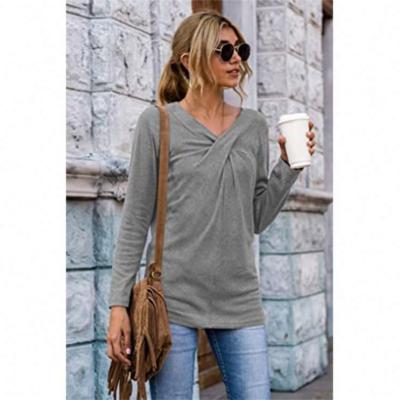 China FORLADIES Newest Long Sleeve Lady Draped Solid Casual Women Blouses Tops Anti-pilling V-Neck T-Shirt 2021 for sale