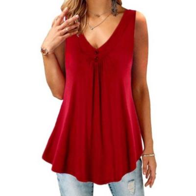 China Anti-pilling FORLADIES fashion 2021 summer loose v-neck blouses women's solid sleeveless casual T-shirt ladies for sale