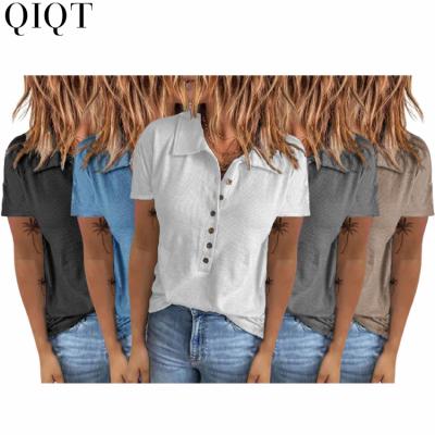 China Anti-wrinkle solid color fashionable button decline collar women's clothing summer casual T-shirt tops for women for sale