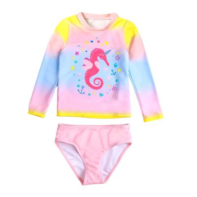 China Two Piece Swimsuit Rushguard Cartoon Breathable Seahorse Long Sleeve Digital Printing New Children Young Girls Swimwear for sale