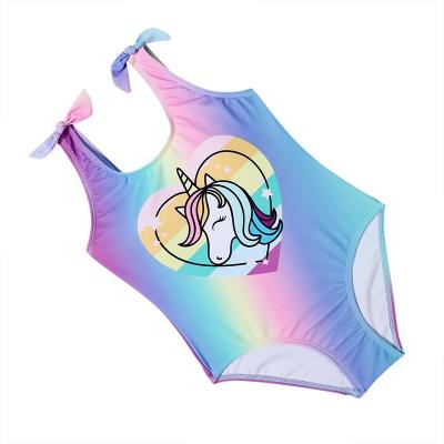 China Designer Breathable Lovely Bow Girls Unicorn Swimsuit Graduate Color Cut Print Children One Piece Swimwear for sale