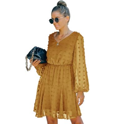 China Anti-Wrinkle Stretching Bubble Solid Elegant Sleeve V-Neck Floral Dress For Women Bodycon Casual Dresses for sale