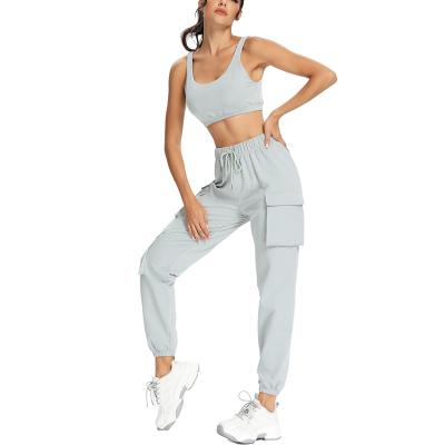 China Cotton QUICK DRY Stylish Simple Crop Invest Top Laced Casual Pants Pockets 2 Piece Sweat Suit Set Women for sale