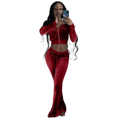 China Wholesale Winter Streetwear Korean Velvet Crop QUICK DRY Zippered Tops Flare Two Piece Pants Set For Women for sale