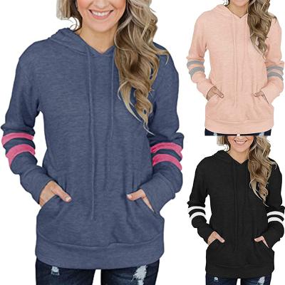 China Factory Sale QUICK DRY Striped Pocket Loose Casual Women Tops Slim Drawstring Hoodie for sale