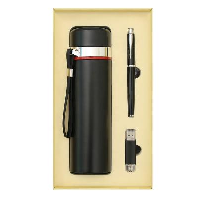 China Agriculture Top Selling 3 in 1 Business Carry Buckle Vacuum Water Bottle Gift Set Wedding Gift Customized Set with USB Flash Drive and Metal Pen for sale