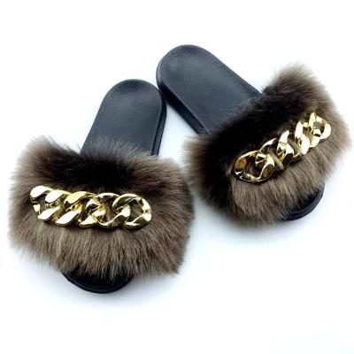 China Hot Selling Amazon Fashion Luxury Gold Chain Plush Fluffy Fox Fur Slides Slippers With Gold Chain For Women Ladies Girls for sale