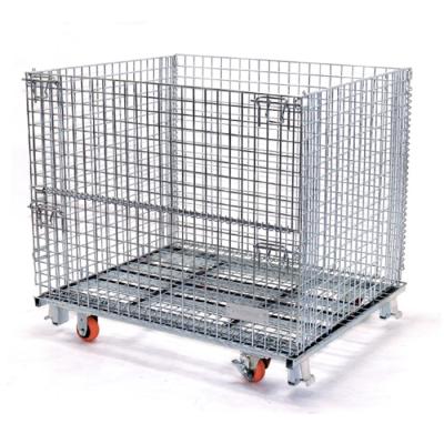 China Folding Wire Mesh Container With Casters Metal Storage Cages With Wheels Logistics Heavy Duty Foldable Wire Mesh Container for sale