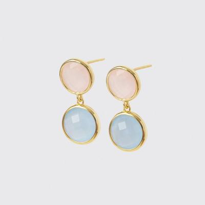 China Long Earring Toned Rose Quartz Jewelry Antique Two Stone Earring Pink And Blue Quartz Earring for sale