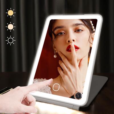 China Wholesale Custom Portable Mirror Lit Logo Led Light Square Rechargeable With Travel Light Desktop Makeup Folding Mirror for sale