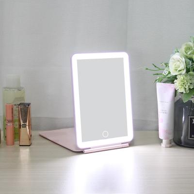 China Custom Plastic Desk Lighted Table Fold Adjustable Stand Illuminated Flip Cover Ipad Flat Makeup Mirror with 3 Colors Led Light for sale