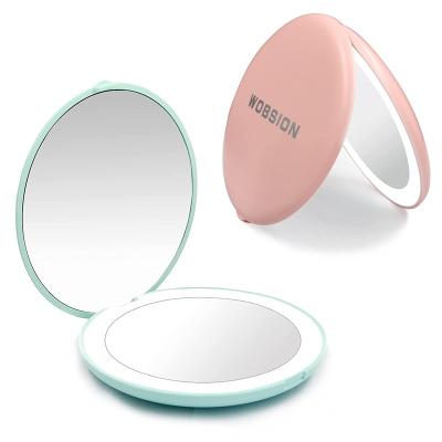 China New Design Circle Pattern Magnetic Lighted Floral Pink 1x3x White Mini Travel Makeup Mirror Lighted Led Pocket Compact Mirror For Purse for sale