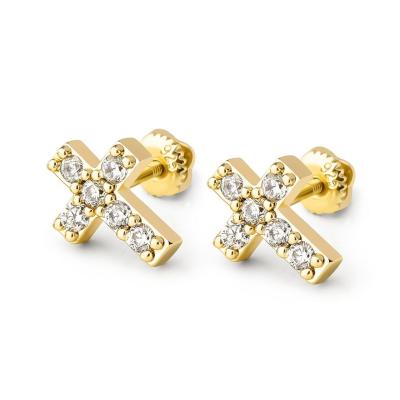 China Other Duyizhao Hip Hop Micro Pave Zircon Holy Cross Stud Earrings s925 Sterling Silver 14k Rose Gold Silver Screw Back for sale