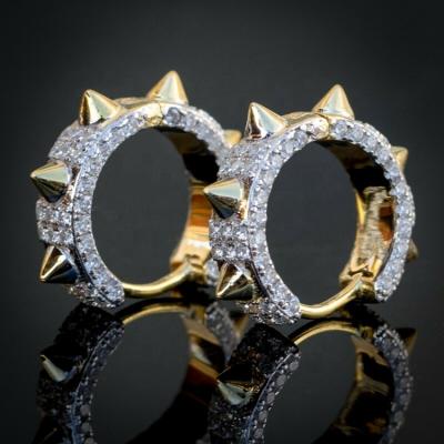 China Other Men's Two Tone Fully Iced Out CZ 925 Sterling Silver Hip Hop Spike Huggie Circle Stud Earrings for sale