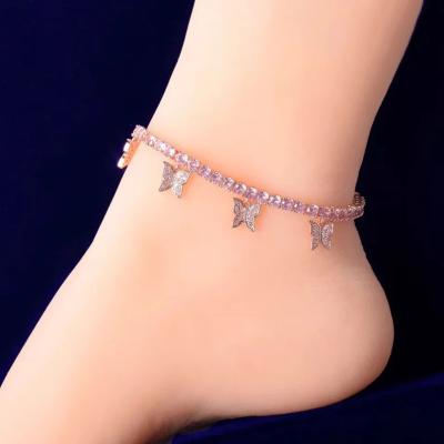 China Rose Crystal Tennis Anklet Fashion Hip Hop Butterfly Bling Iced Out Cuban Rhinestone Butterfly Anklet Chain Gift For Women for sale