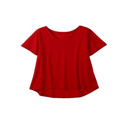 China Custom wholesale polyester spandex v-neck lady cheap comfortable simple red t-shirt high quality breathable for sale