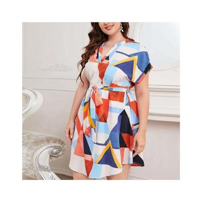 China Cheap wholesale high quality breathable comfortable neck block print wide sleeve anti-static ladies v plus size dress for sale